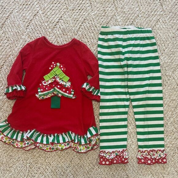 Rare Editions ruffle hem ribbon Christmas tree pants set size 4t - Picture 1 of 5